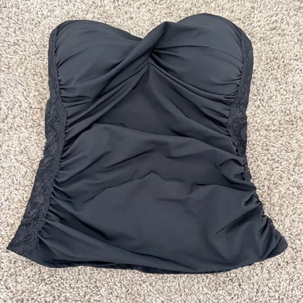 Spanx Tankini Strapless Top Women 10 Black‎ Twisted Front Lace Detail Style 1373